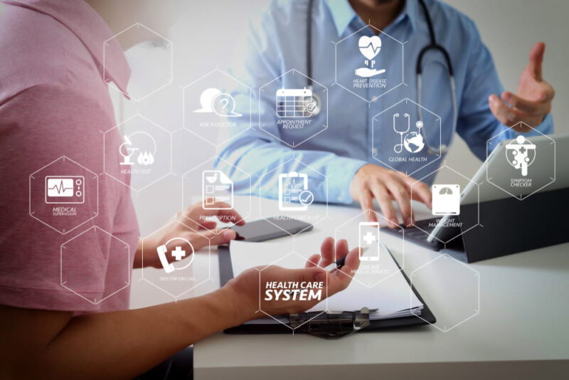 Health care system diagram with health check and symptom on VR dashboard