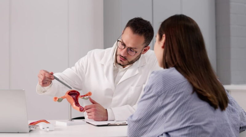 Young Male Gynecologist Uses Laptop To Explain Ovarian Anatomy To Woman.